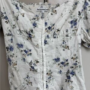 Reformation White and Blue Floral Blouse